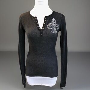 Charcoal, gray body hug ANKH Royalty Long Sleeve Top